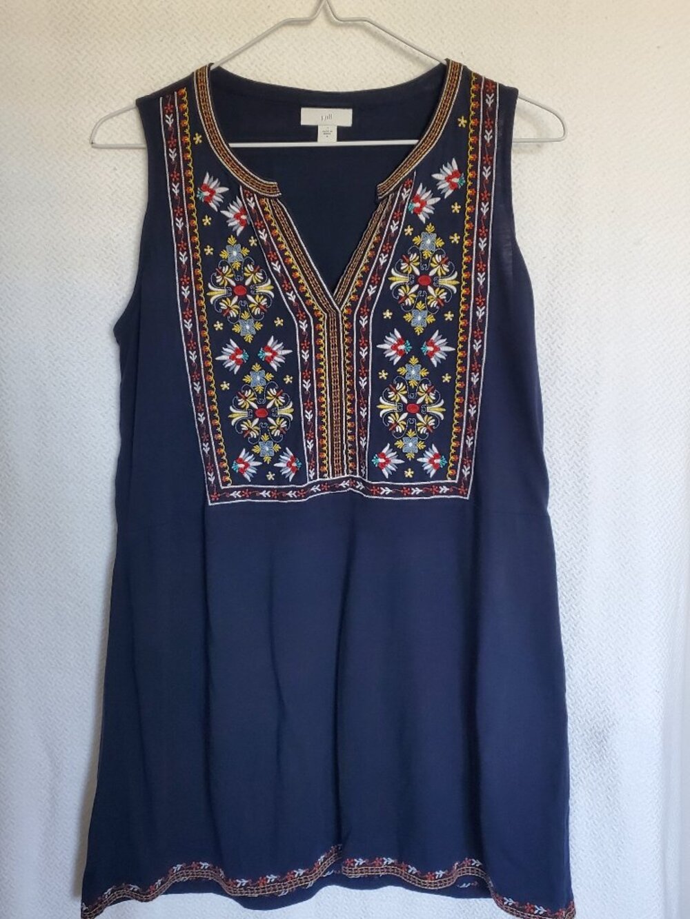 J. Jill Navy Boho Embroidered Sleeveless Tunic Shirt Size Small